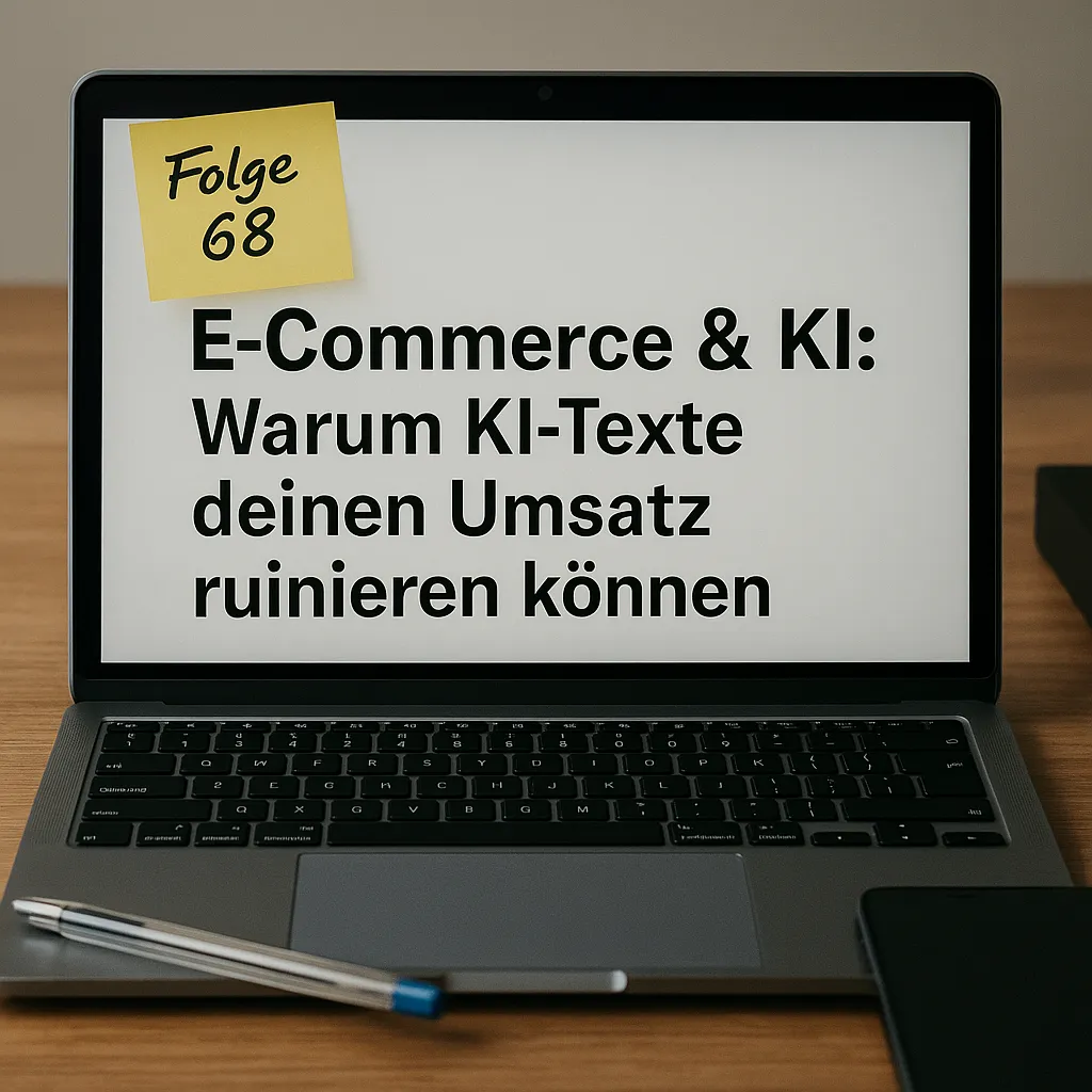 Laptop mit Text „E-Commerce & KI: Warum KI-Texte deinen Umsatz ruinieren können“, links oben ein gelbes Post-it „Folge 68-smartbusinessfails-com