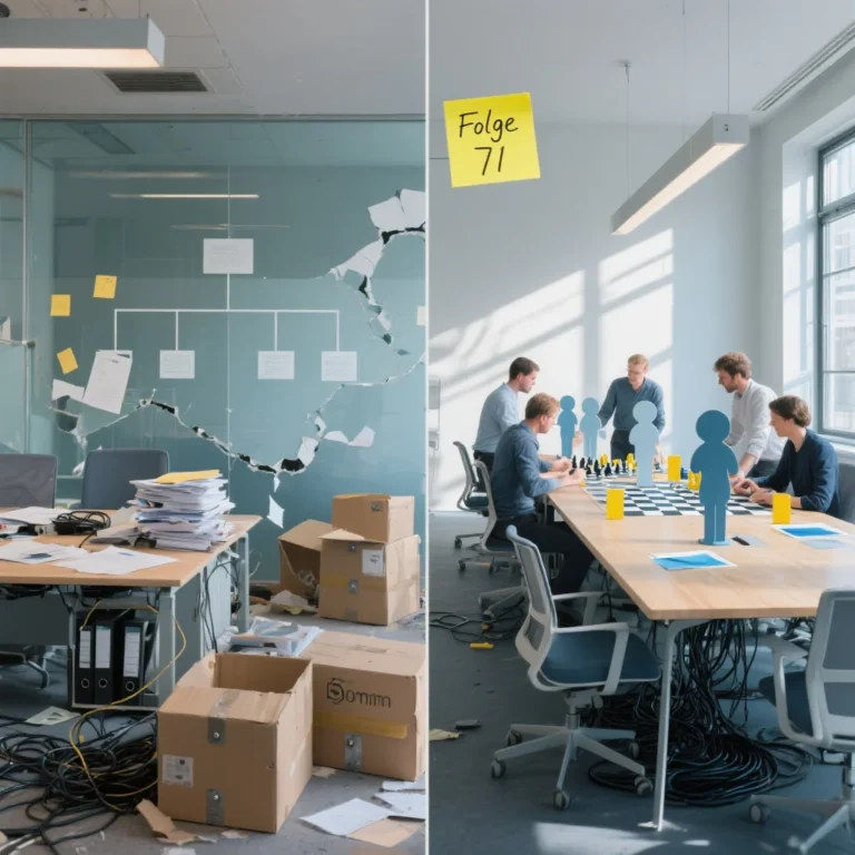 Change-Management und Reorganisation im Büro: links Abbau, rechts klare Prozesse und Arbeitsplätze, dramatisches Licht, Post-it oben links „Folge 71